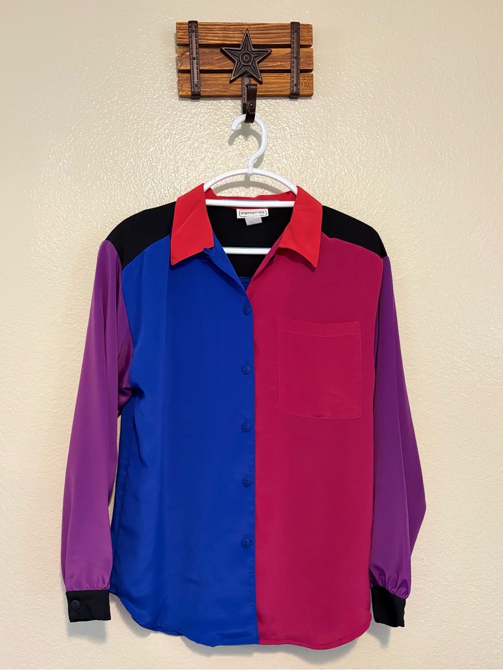 VTG Impressions of California Colorblock Blouse 80s 90s Eclectic Statement Sz 10